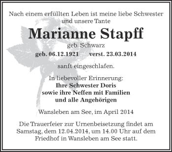 Traueranzeige von Marianne Stapff von Wochenspiegel Mansfelder Land