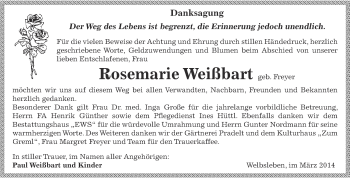 Traueranzeige von Rosemarie Weißbart von Wochenspiegel Mansfelder Land