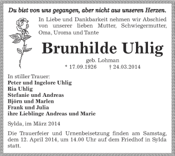 Traueranzeige von Brunhilde Uhlig von Wochenspiegel Mansfelder Land