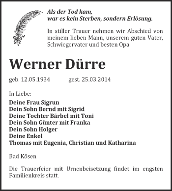 Traueranzeige von Werner Dürre von WVG - Wochenspiegel NMB / WSF / ZTZ