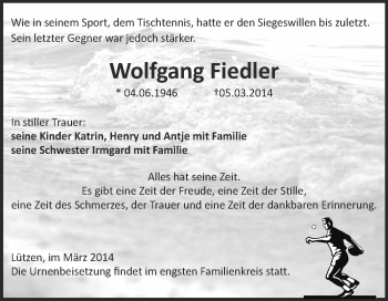 Traueranzeige von Wolfgang Fiedler von WVG - Wochenspiegel NMB / WSF / ZTZ