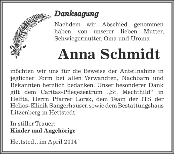 Traueranzeige von Anna Schmidt von Wochenspiegel Mansfelder Land