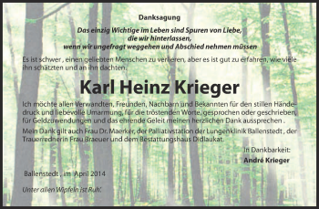 Traueranzeige von Karl Heinz Krieger von WVG - Wochenspiegel Quedlinburg