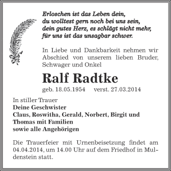 Traueranzeige von Ralf Radtke von WVG - Wochenspiegel Bitterfeld