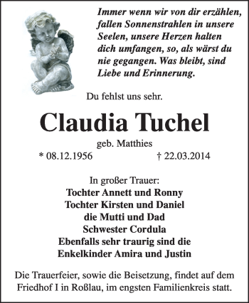 Traueranzeige von Claudia Tuchel von Super Sonntag Dessau / Köthen