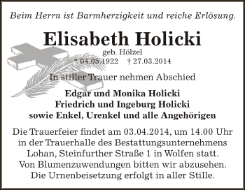 Traueranzeige von Elisabeth Holicki von WVG - Wochenspiegel Bitterfeld
