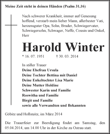 Traueranzeige von Harold Winter von WVG - Wochenspiegel NMB / WSF / ZTZ
