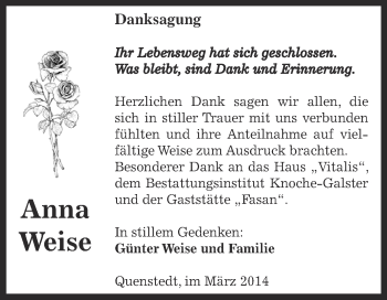 Traueranzeige von Anna Weise von WVG - Wochenspiegel Aschersleben