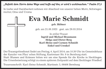 Traueranzeige von Eva Marie Schmidt von WVG - Wochenspiegel Bernburg