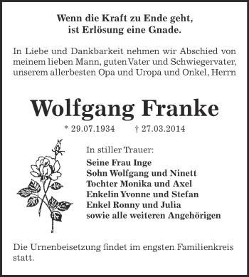 Traueranzeige von Wolfgang Franke von Super Sonntag Zeitz