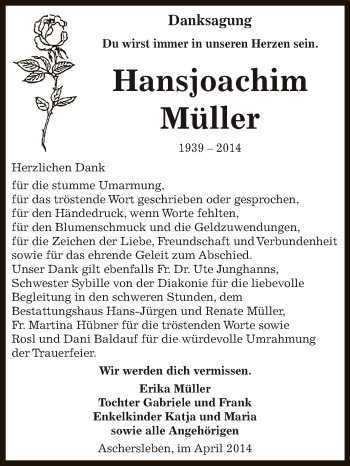 Traueranzeige von Hansjoachim Müller von WVG - Wochenspiegel Aschersleben