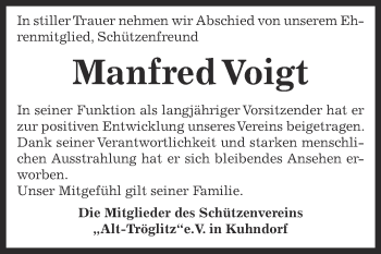 Traueranzeige von Manfred Voigt von Super Sonntag Zeitz