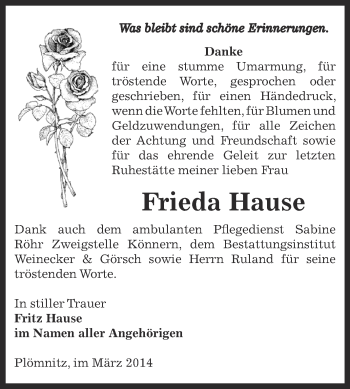 Traueranzeige von Frieda Hause von Super Sonntag Bernburg