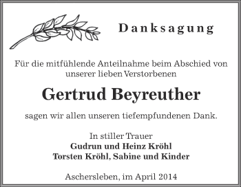 Traueranzeige von Gertrud Beyreuther von WVG - Wochenspiegel Aschersleben