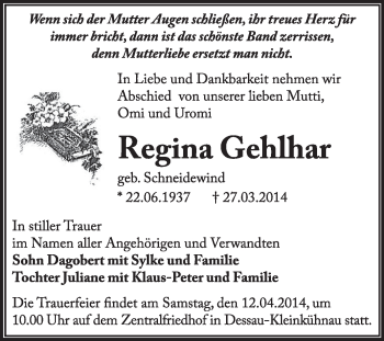 Traueranzeige von Regina Gehlhar von Super Sonntag Dessau / Köthen