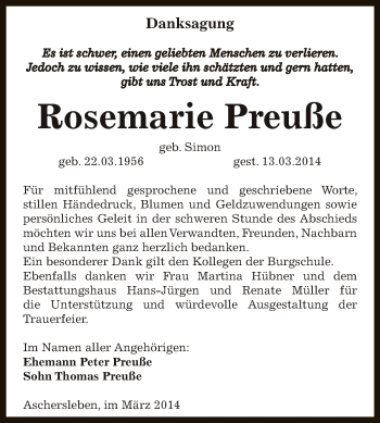 Traueranzeige von Rosemarie Preuße von WVG - Wochenspiegel Aschersleben