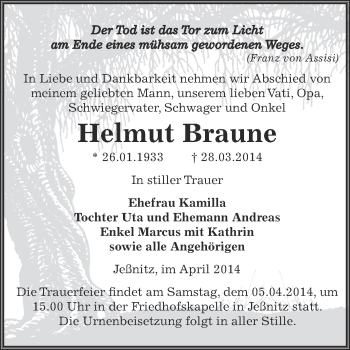 Traueranzeige von Helmut Braune von WVG - Wochenspiegel Bitterfeld
