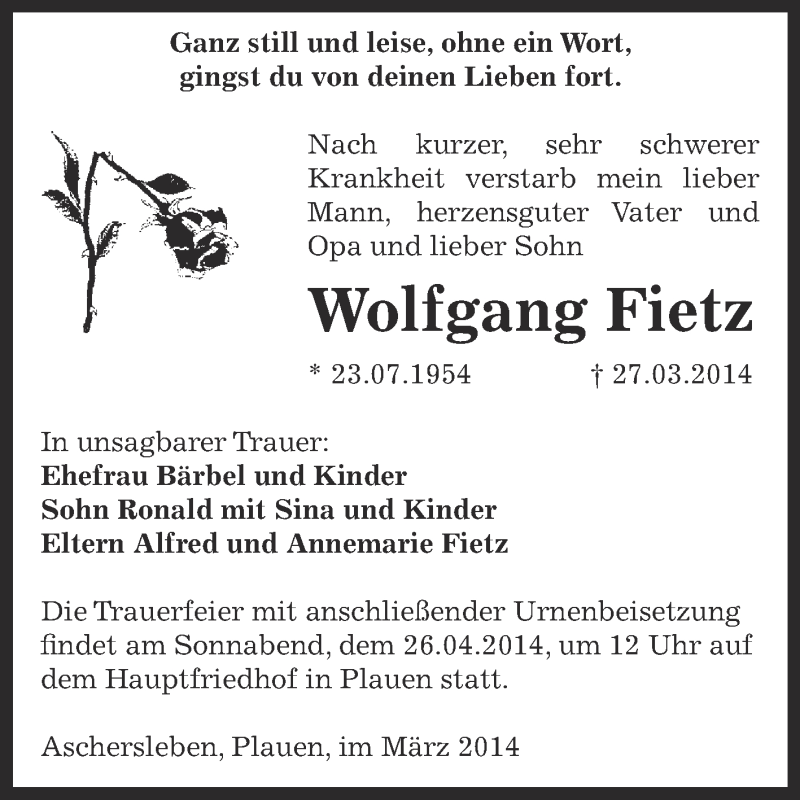  Traueranzeige für Wolfgang Fietz vom 02.04.2014 aus WVG - Wochenspiegel Aschersleben