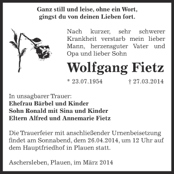 Traueranzeige von Wolfgang Fietz von WVG - Wochenspiegel Aschersleben