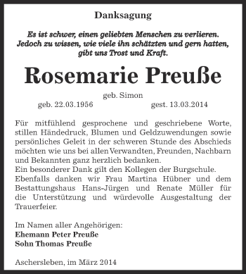 Traueranzeige von Rosemarie Preuße von Super Sonntag Aschersleben