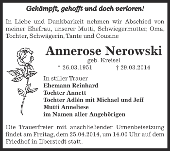 Traueranzeige von Annerose Nerowski von Super Sonntag Bernburg
