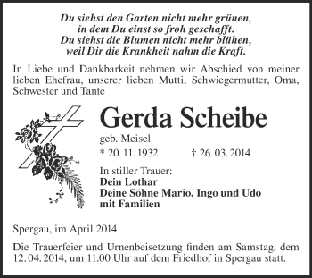 Traueranzeige von Gerda Scheibe von WVG - Wochenspiegel Merseburg