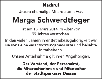 Traueranzeige von Marga Schwerdtfeger von Super Sonntag Dessau / Köthen