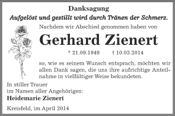 Traueranzeige von Gerhard Zienert von Wochenspiegel Mansfelder Land