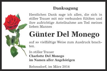 Traueranzeige von Günter Del Monego von Super Sonntag Zeitz