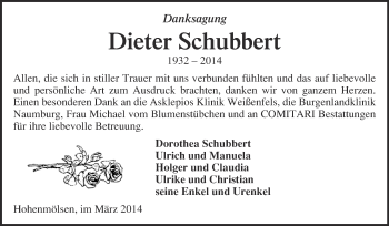Traueranzeige von Dieter Schubbert von WVG - Wochenspiegel NMB / WSF / ZTZ