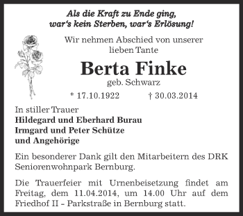 Traueranzeige von Berta Finke von Super Sonntag Bernburg