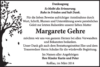 Traueranzeige von Margarete Gehre von Super Sonntag Dessau / Köthen