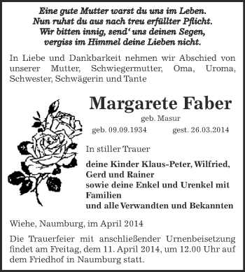 Traueranzeige von Margarete Faber von WVG - Wochenspiegel SGH