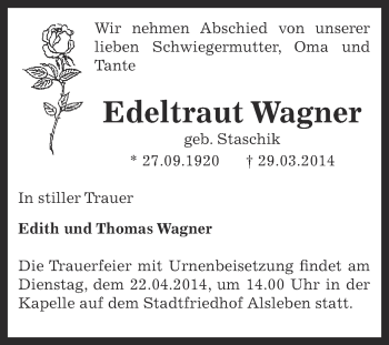Traueranzeige von Edeltraut Wagner von Super Sonntag Bernburg