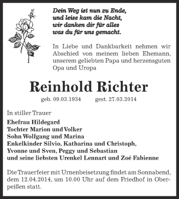 Traueranzeige von Reinhold Richter von Super Sonntag Bernburg