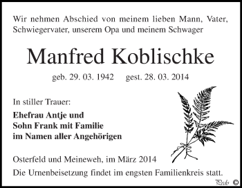 Traueranzeige von Manfred Koblischke von Super Sonntag Zeitz
