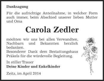 Traueranzeige von Carola Zedler von Super Sonntag Zeitz