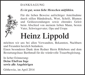 Traueranzeige von Heinz Lippold von WVG - Wochenspiegel Merseburg