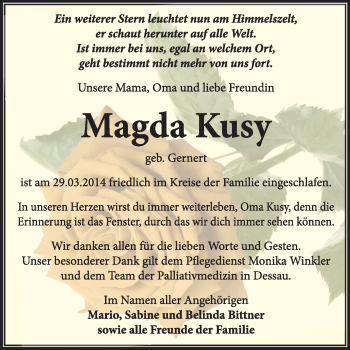 Traueranzeige von Magda Kusy von Super Sonntag Dessau / Köthen