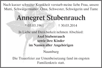 Traueranzeige von Annegret Stubenrauch von WVG - Wochenspiegel NMB / WSF / ZTZ