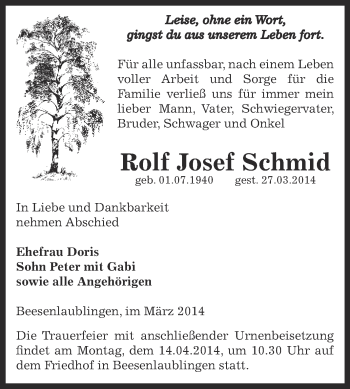 Traueranzeige von Rolf Josef Schmid von Super Sonntag Bernburg