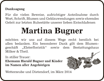 Traueranzeige von Martina Bugner von Super Sonntag Zeitz