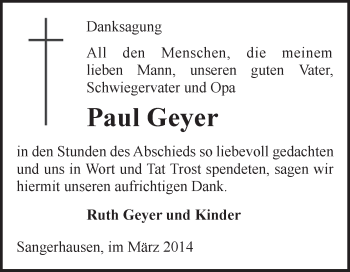 Traueranzeige von Paul Geyer von Super Sonntag SGH Mansf. Land
