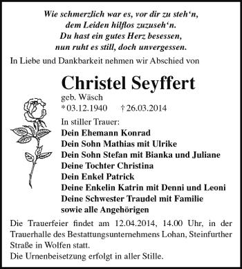 Traueranzeige von Christel Seyffert von Super Sonntag Dessau / Köthen