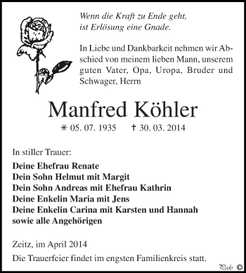 Traueranzeige von Manfred Köhler von Super Sonntag Zeitz