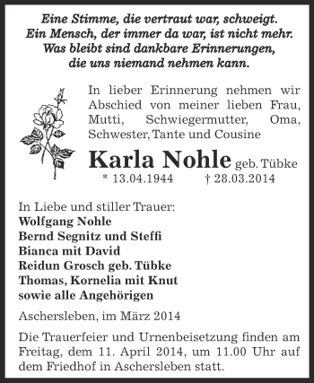 Traueranzeige von Karla Nohle von Super Sonntag Aschersleben