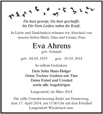 Traueranzeige von Eva Ahrens von Super Sonntag Merseburg