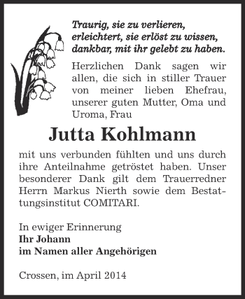 Traueranzeige von Jutta Kohlmann von Super Sonntag Zeitz