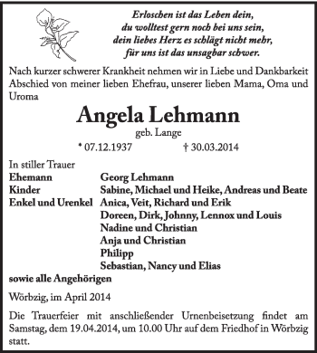 Traueranzeige von Angela Lehmann von Super Sonntag Dessau / Köthen