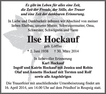 Traueranzeige von Ilse Hockauf von Super Sonntag Dessau / Köthen